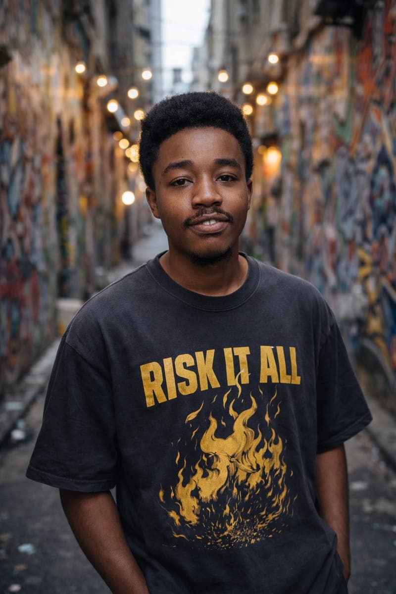 Editorial street portrait of Emmanuel against a brick wall
