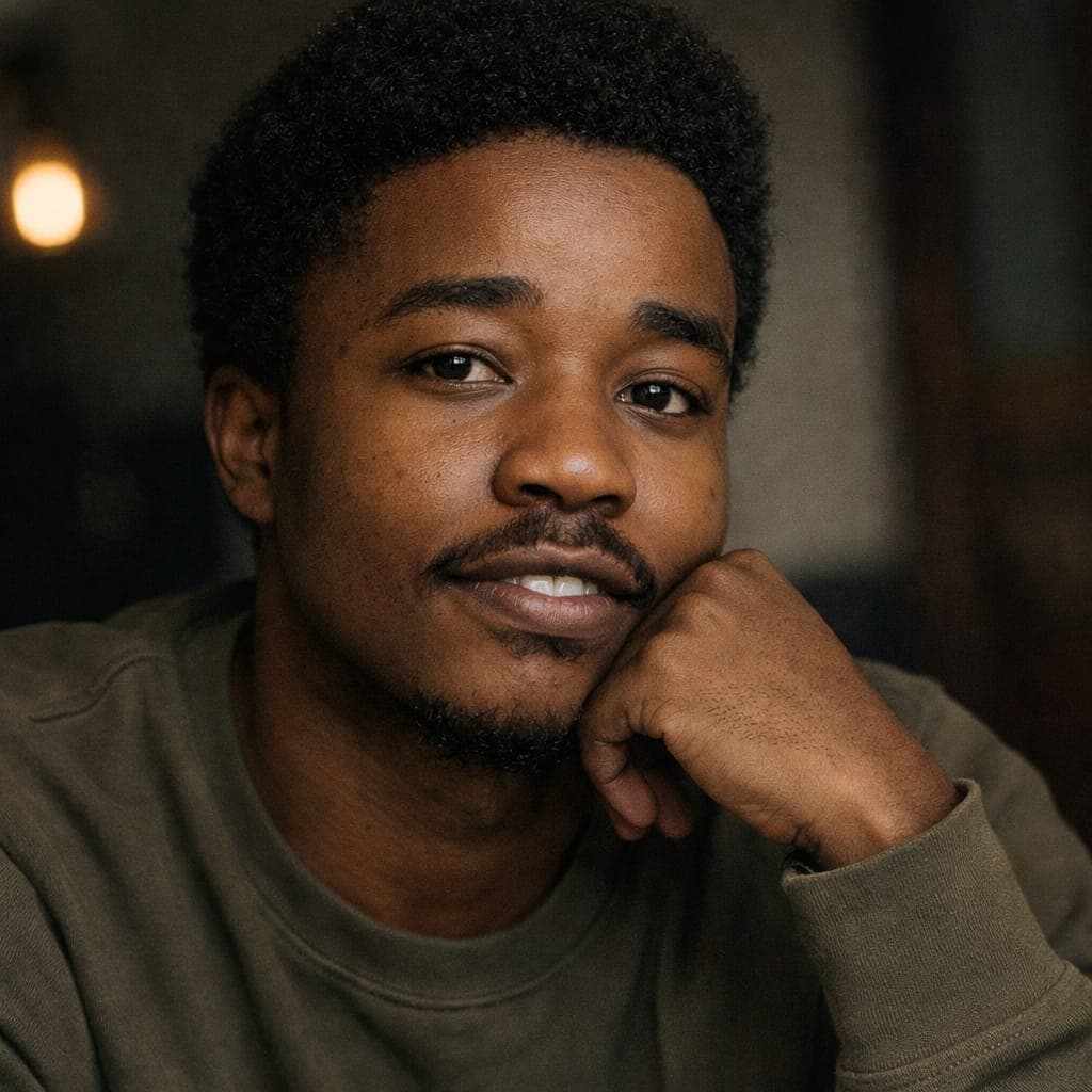 Studio portrait of Emmanuel, hand resting against his face